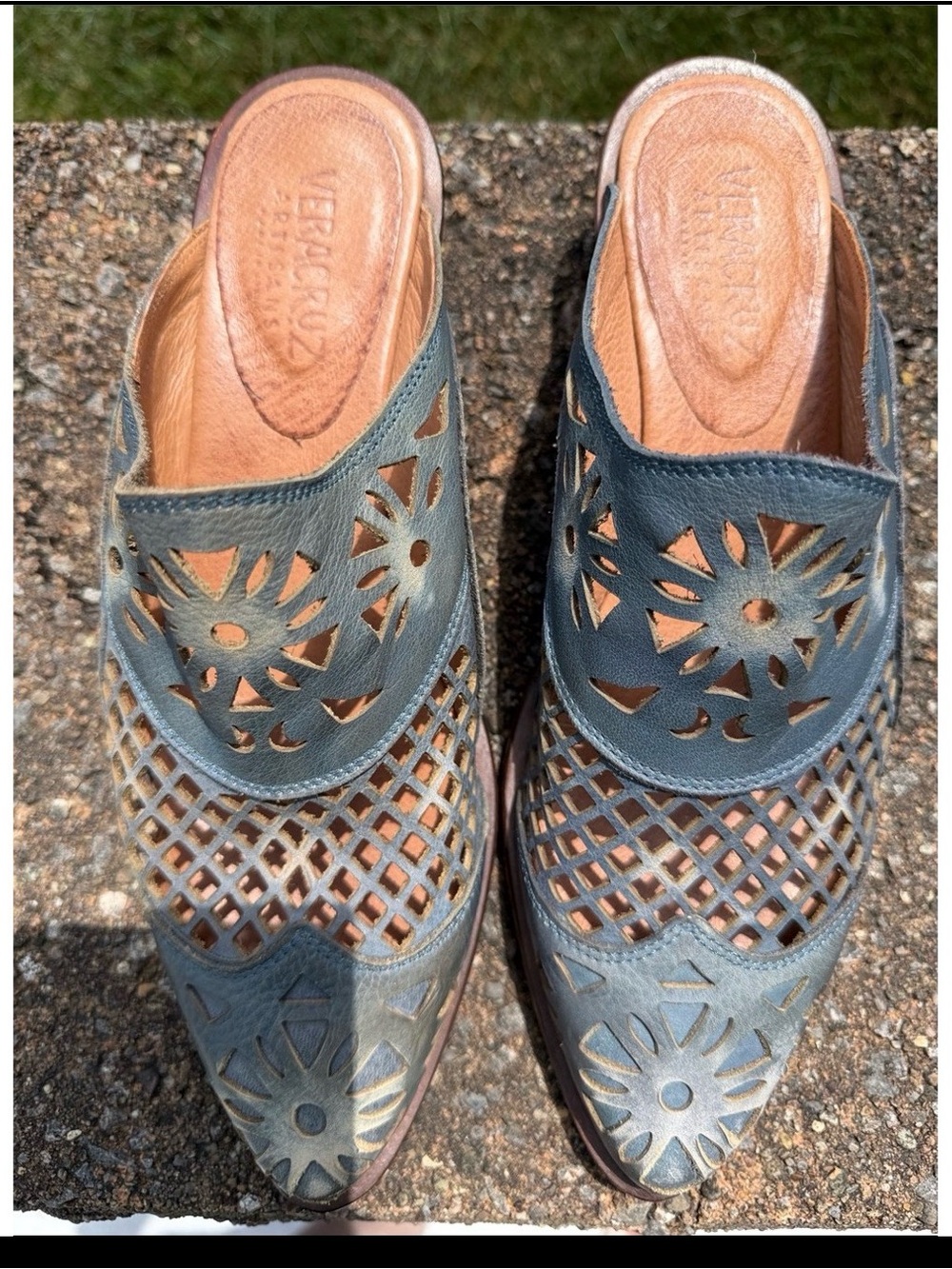 Blue Leather Cutout Slip-On Mules